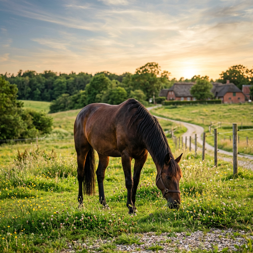 Dark horse grazing in a flower-filled meadow at sunset